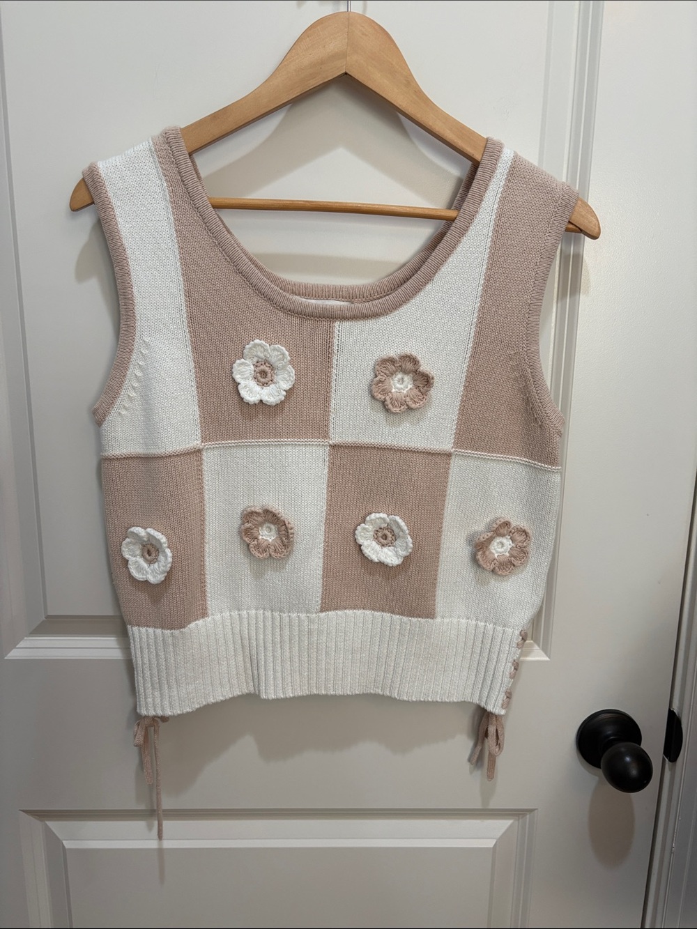 Industry Republic Clothing Gingham 3D Flower Crochet Lace-Up Knit Tank Vest